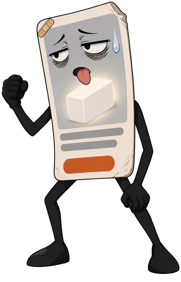 A tired cartoon ad, sweating and out of breath