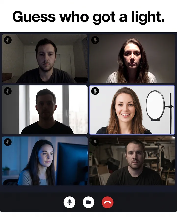 Spec ad for amaran styled as a video call grid under the line Guess who got a light. Five people look dim, harsh or backlit on their webcams, while one woman is bright and evenly lit by a round amaran Verge Max at the edge of her frame.
