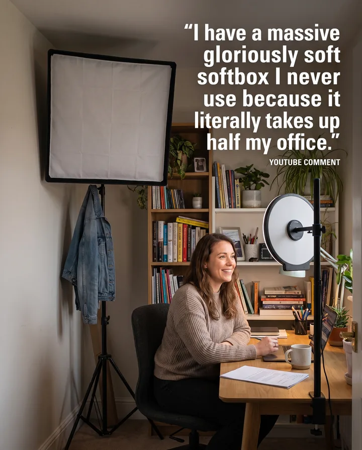 Spec ad for amaran. In a small home office, a big square softbox on a stand is pushed into the corner with a jacket hanging off it, while a smiling woman at her desk is lit by a slim round amaran Verge Max on a desk arm. The quote reads I have a massive gloriously soft softbox I never use because it literally takes up half my office.