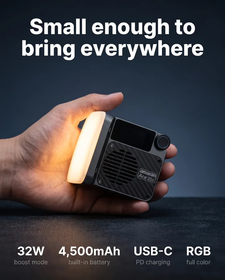 Spec ad for amaran. A hand holds the small charcoal amaran Ace 25c light glowing warm against a dark blue background, under the headline Small enough to bring everywhere, with specs 32W boost mode, 4,500mAh battery, USB-C PD charging, RGB full color.
