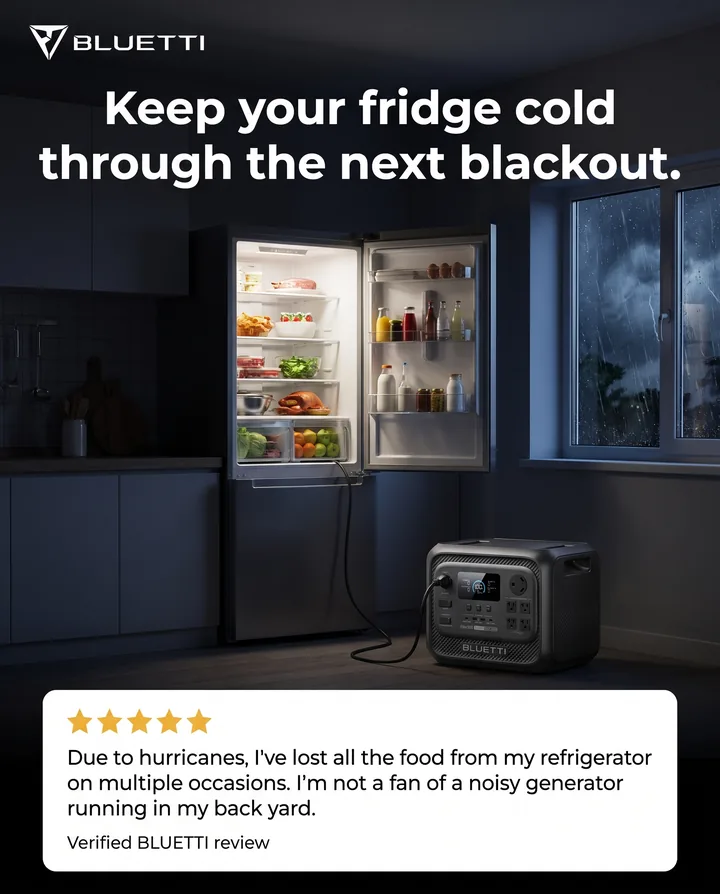 Spec ad for BLUETTI. In a dark kitchen during a storm, an Elite 300 powers an open fridge full of food, under the headline: Keep your fridge cold through the next blackout.