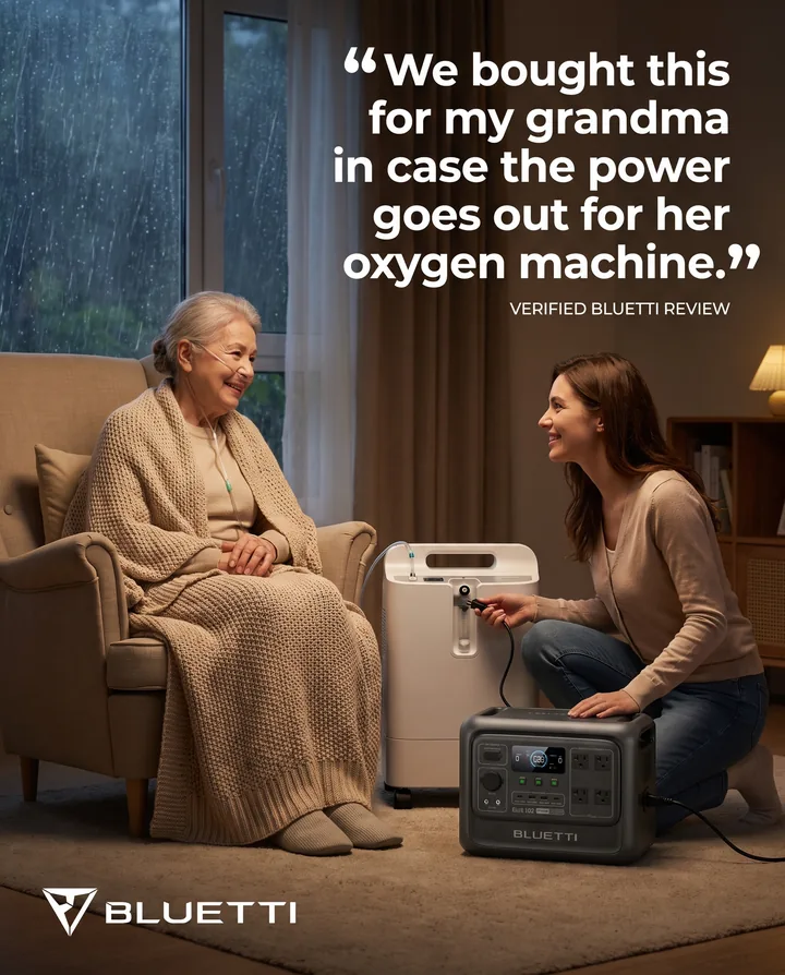 Spec ad for BLUETTI. A granddaughter plugs her grandmother’s oxygen concentrator into an Elite 100 V2, under the quote: We bought this for my grandma in case the power goes out for her oxygen machine.