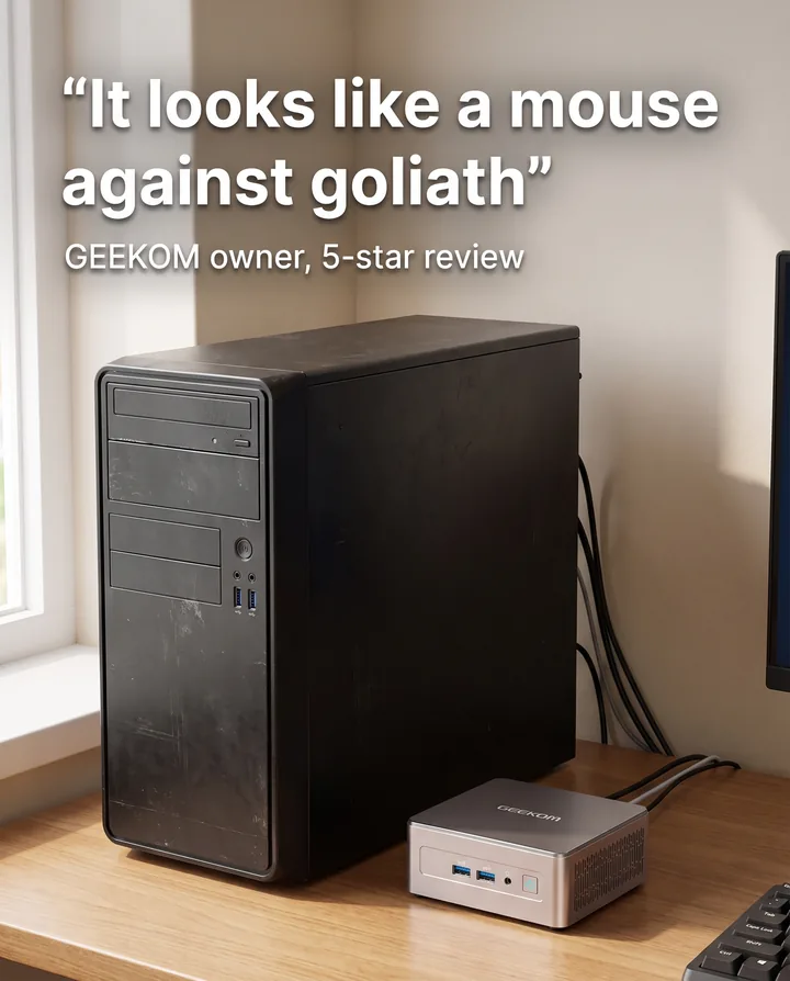 Spec ad for GEEKOM. A tiny silver GEEKOM mini PC sits on a wooden desk next to a huge, scuffed black tower PC, under the quote It looks like a mouse against goliath, from a 5-star review.