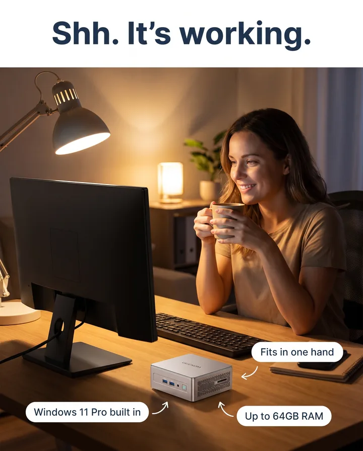 Spec ad for GEEKOM. Under the headline Shh. It’s working, a smiling woman holds a mug at a lamp-lit desk at night next to a black monitor and a small silver GEEKOM mini PC, with pills that say Windows 11 Pro built in, fits in one hand, and up to 64GB RAM.