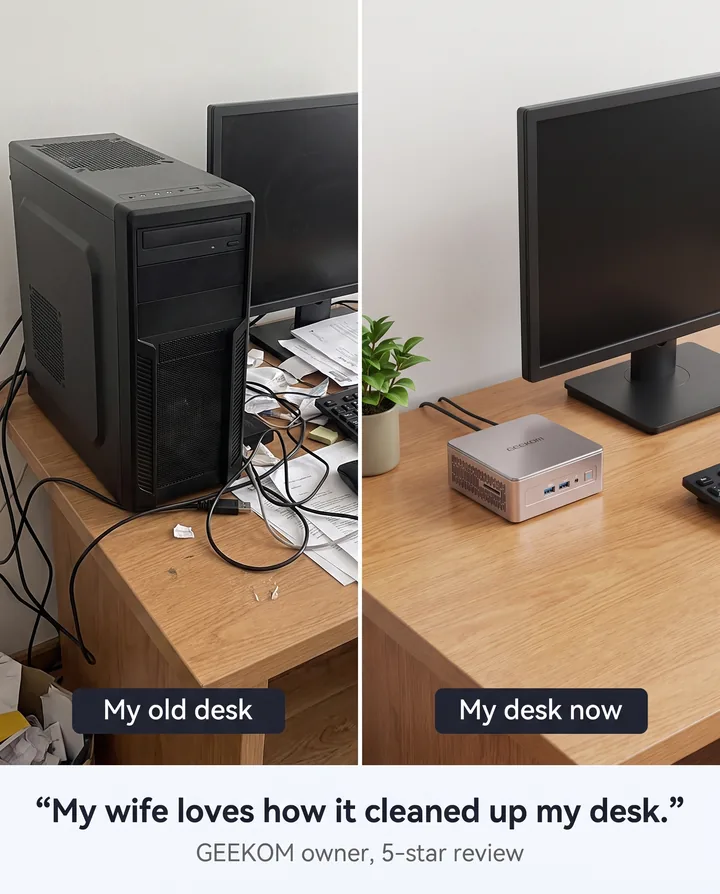 Spec ad for GEEKOM. Before and after: on the left, My old desk, with a big black tower, tangled cables and papers. On the right, My desk now, a clean desk with a monitor, a plant and a small silver GEEKOM mini PC. Below, the quote My wife loves how it cleaned up my desk.