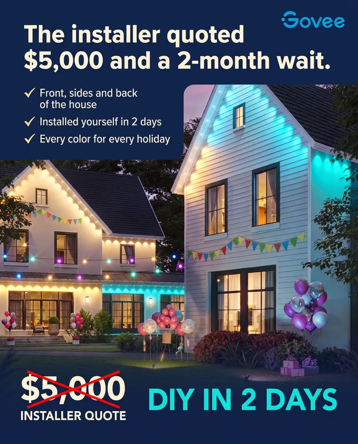 Spec ad for Govee. The installer quoted $5,000 and a 2-month wait, set against DIY in 2 days, over houses glowing with colored permanent lights.