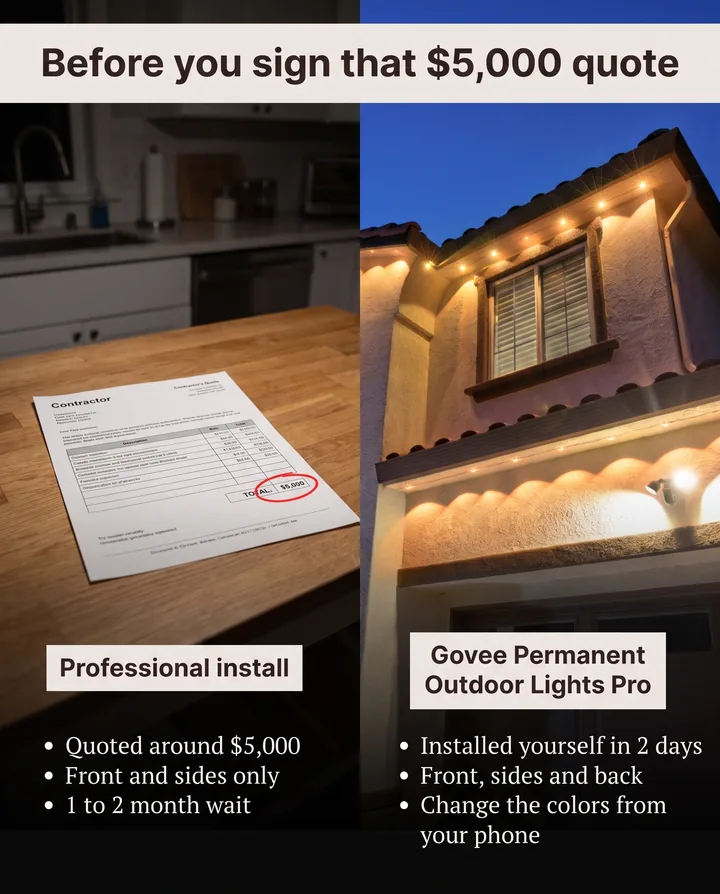 Spec ad for Govee comparing a $5,000 contractor quote on a kitchen table with Govee Permanent Outdoor Lights Pro glowing on a roofline, under the headline: Before you sign that $5,000 quote.