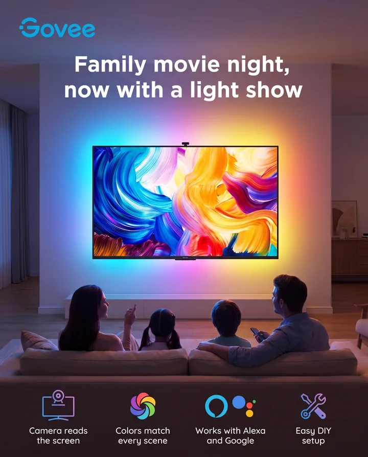 Spec ad for Govee. A family on a sofa watches a big TV glowing with matching backlight colors, under the headline: Family movie night, now with a light show, with four feature icons.