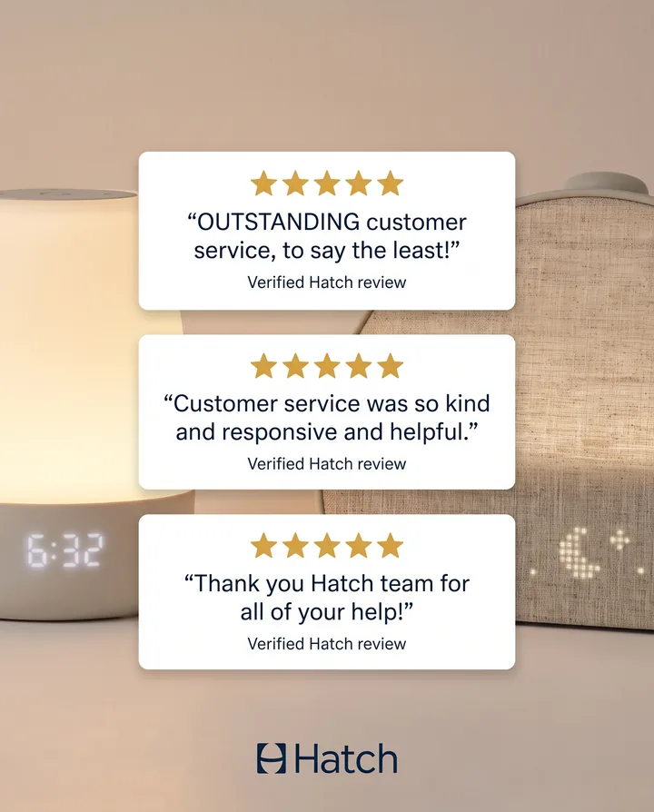 Spec ad for Hatch. Three five-star review cards about Hatch customer service stacked over a Hatch Baby and a Restore 3.