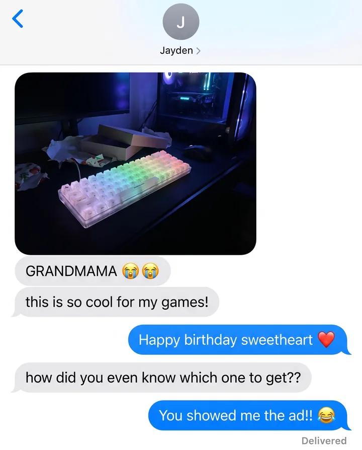 Spec ad for Higround styled as an iMessage thread. A grandson sends a photo of his new glowing Higround Opal keyboard, writes GRANDMAMA and this is so cool for my games, and grandma replies happy birthday sweetheart and you showed me the ad.