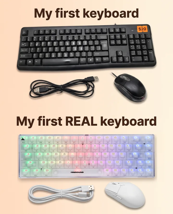 Spec ad for Higround on a peach background. Top: My first keyboard, a cheap black membrane keyboard with a $20 sticker. Bottom: My first REAL keyboard, the glowing clear Higround Opal with a white cable and mouse.