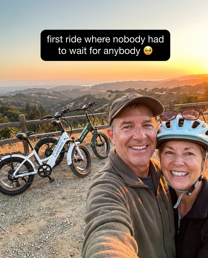 Spec ad for Lectric eBikes styled as a couple’s selfie at a sunset overlook, two Lectric bikes behind them, with the caption: first ride where nobody had to wait for anybody.