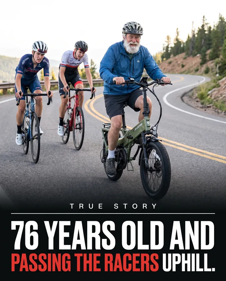 Spec ad for Lectric eBikes. A grinning older man with a white beard rides a green XP4 uphill past two road cyclists, under the headline: 76 years old and passing the racers uphill.