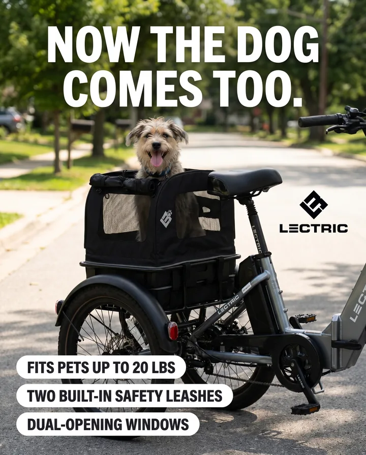 Spec ad for Lectric eBikes. A happy terrier sits in the pet carrier on the back of a Lectric trike, under the headline: Now the dog comes too, with three feature labels.