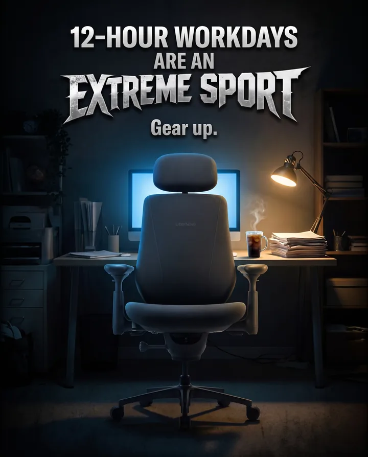 Spec ad for LiberNovo in a heavy-metal poster style. A graphite LiberNovo chair stands in a dark home office lit by a monitor and a desk lamp, under the headline 12-hour workdays are an extreme sport, and the line Gear up.