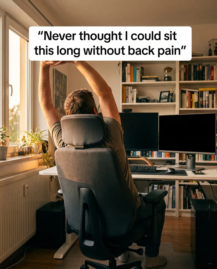 Spec ad for LiberNovo styled as a phone photo. Seen from behind, a man stretches his arms over his head in a grey LiberNovo chair at a home-office desk with two monitors, under the caption Never thought I could sit this long without back pain.