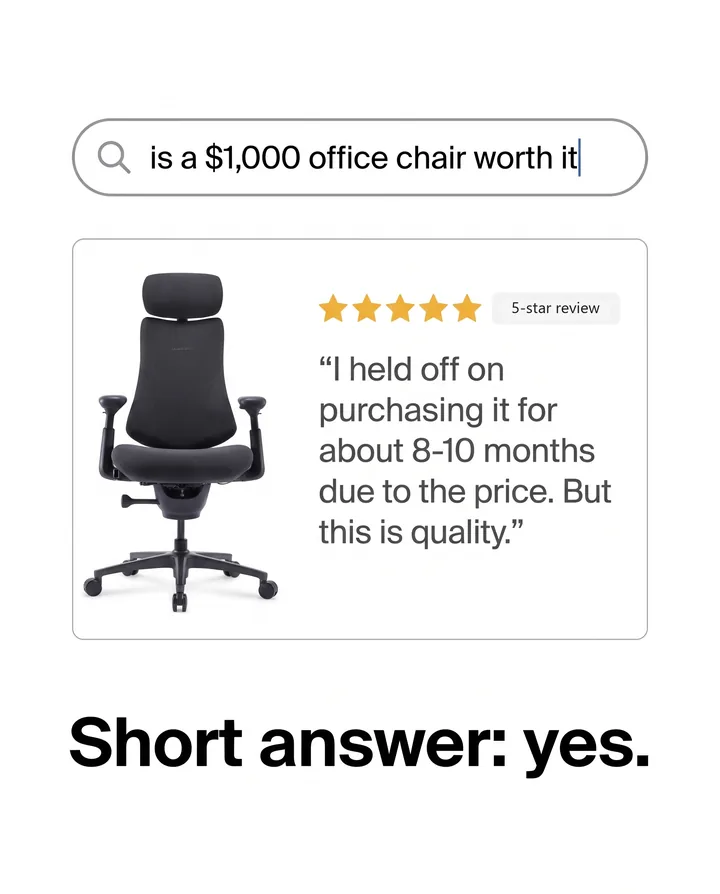 Spec ad for LiberNovo styled as a web search. The search bar reads is a $1,000 office chair worth it, above a result card with a graphite LiberNovo chair, five stars and the quote I held off on purchasing it for about 8-10 months due to the price. But this is quality. At the bottom: Short answer: yes.