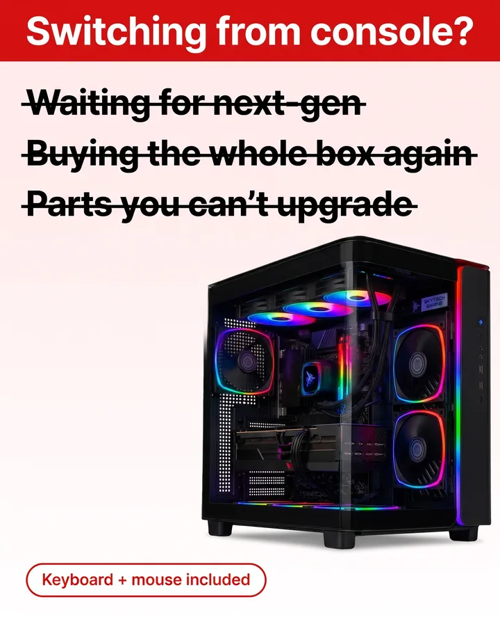 Spec ad for Skytech Gaming. Under a red bar asking Switching from console, three lines are crossed out: waiting for next-gen, buying the whole box again, parts you can’t upgrade. A black King 95 gaming PC glows on the right with a pill that says keyboard + mouse included.