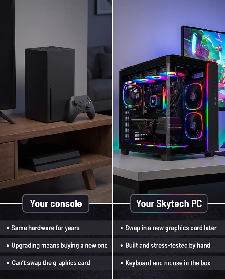 Spec ad for Skytech Gaming split in two. Left: a game console and controller on a TV stand, labeled Your console, with three limits listed. Right: a glowing Skytech King 95 next to a monitor, labeled Your Skytech PC, with swap in a new graphics card later, built and stress-tested by hand, keyboard and mouse in the box.